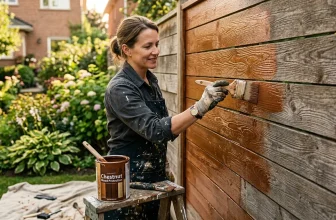 Femme appliquant du vernis Chestnut sur une clôture en bois