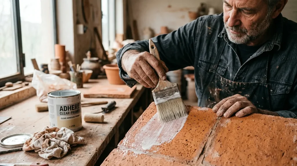 Menuisier peint une surface en bois avec un pinceau dans son atelier.