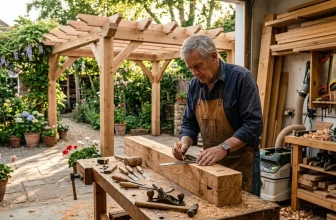 Menuisier senior travaillant le bois dans son atelier de jardin