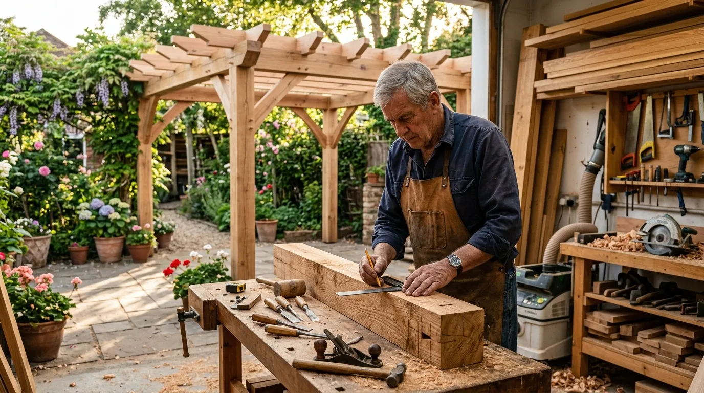 Menuisier senior travaillant le bois dans son atelier de jardin