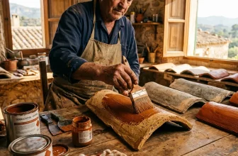 Homme applique vernis sur tuile terracotta dans atelier