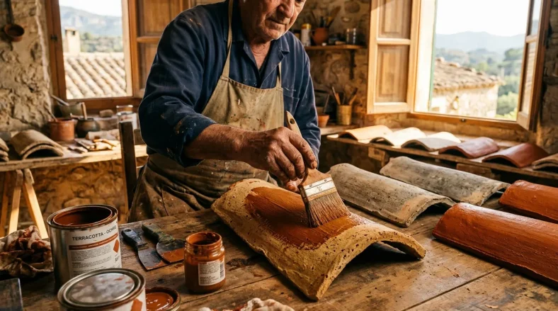 Homme applique vernis sur tuile terracotta dans atelier