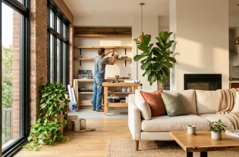 Homme construisant étagères dans un loft spacieux lumineux