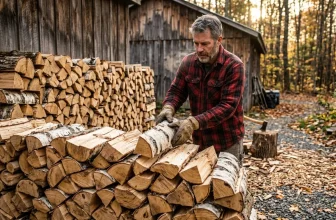 Homme en chemise à carreaux manipulant des bûches de bois