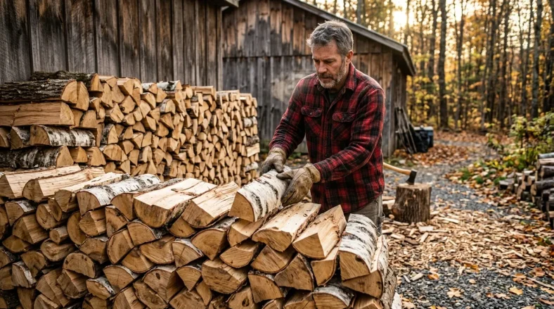 Homme en chemise à carreaux manipulant des bûches de bois