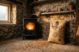 Poêle biopellets allumé dans maison pierre rustique