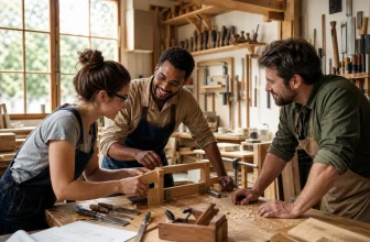 Trois passionnés assemblent ensemble une pièce de bois dans un atelier lumineux.