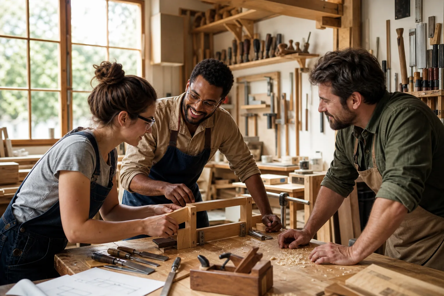 Trois passionnés assemblent ensemble une pièce de bois dans un atelier lumineux.