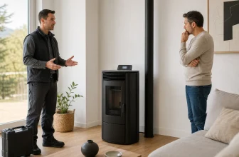 Un technicien échange avec un propriétaire devant un poêle à granulés éteint.