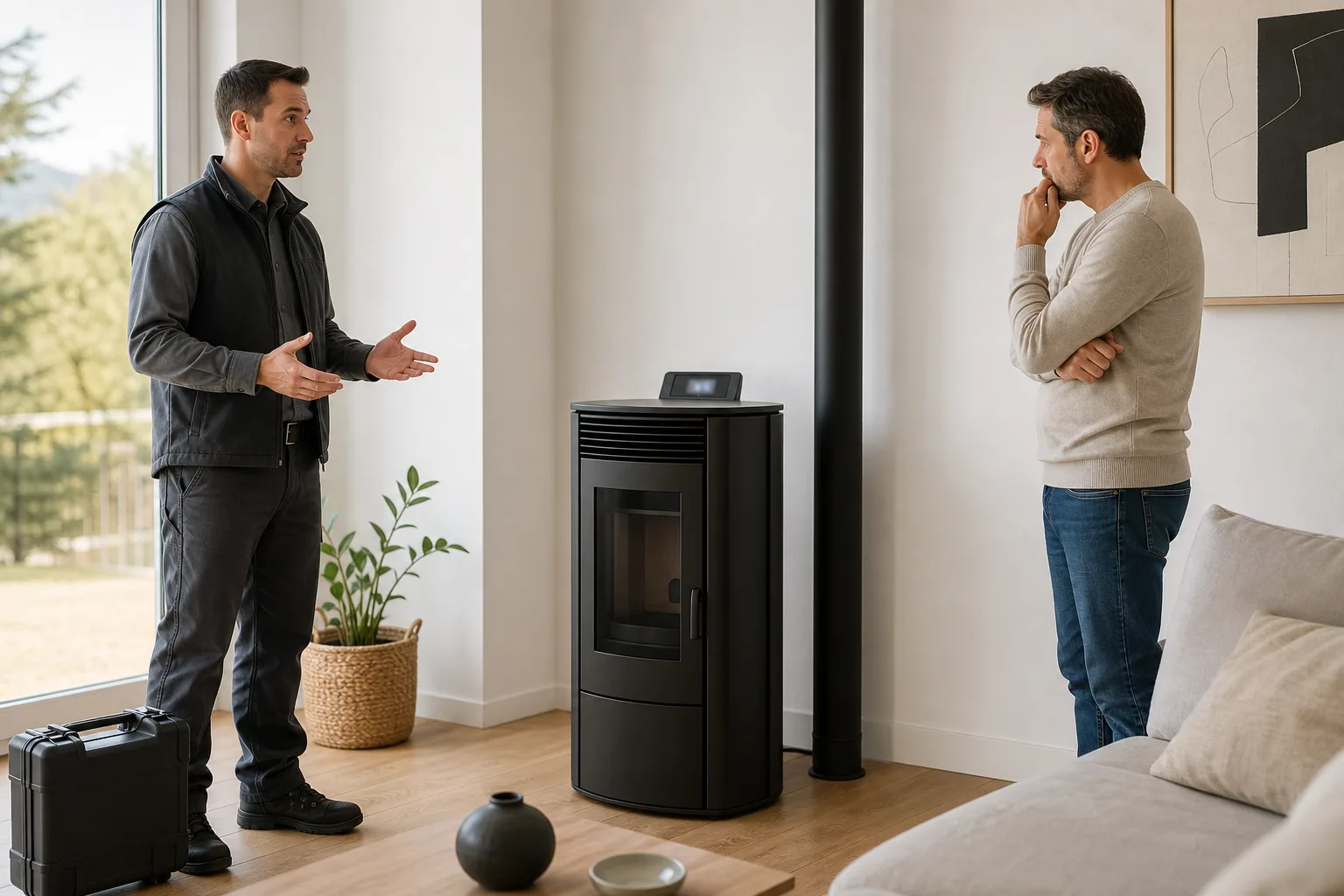 Un technicien échange avec un propriétaire devant un poêle à granulés éteint.