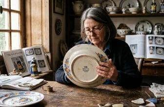 Femme examinant une assiette de porcelaine ancienne décorée