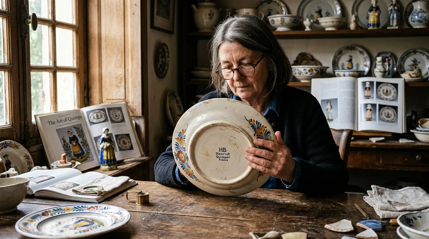 Femme examinant une assiette de porcelaine ancienne décorée
