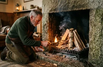 Senior allume bois dans cheminée pierre rustique