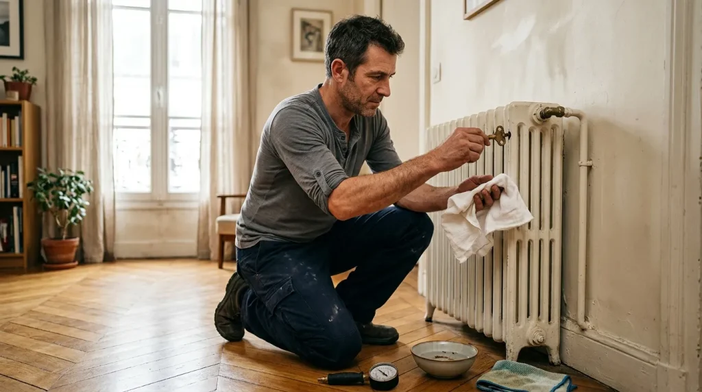 Homme ajuste une valve de radiateur blanc dans un appartement