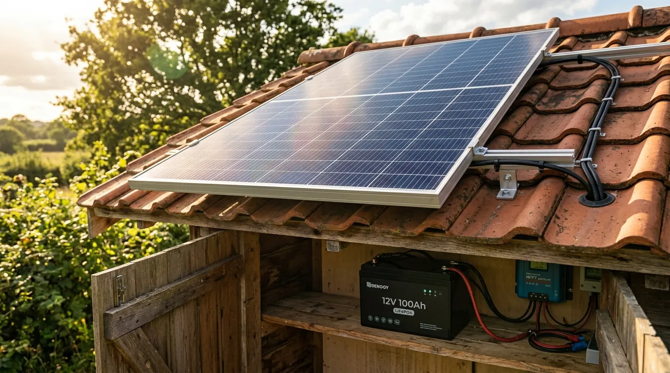 Des panneaux solaires équipent une toiture avec une batterie de stockage posée au sol.
