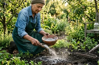 Homme âgé versant de la chaux blanche sur le sol du jardin