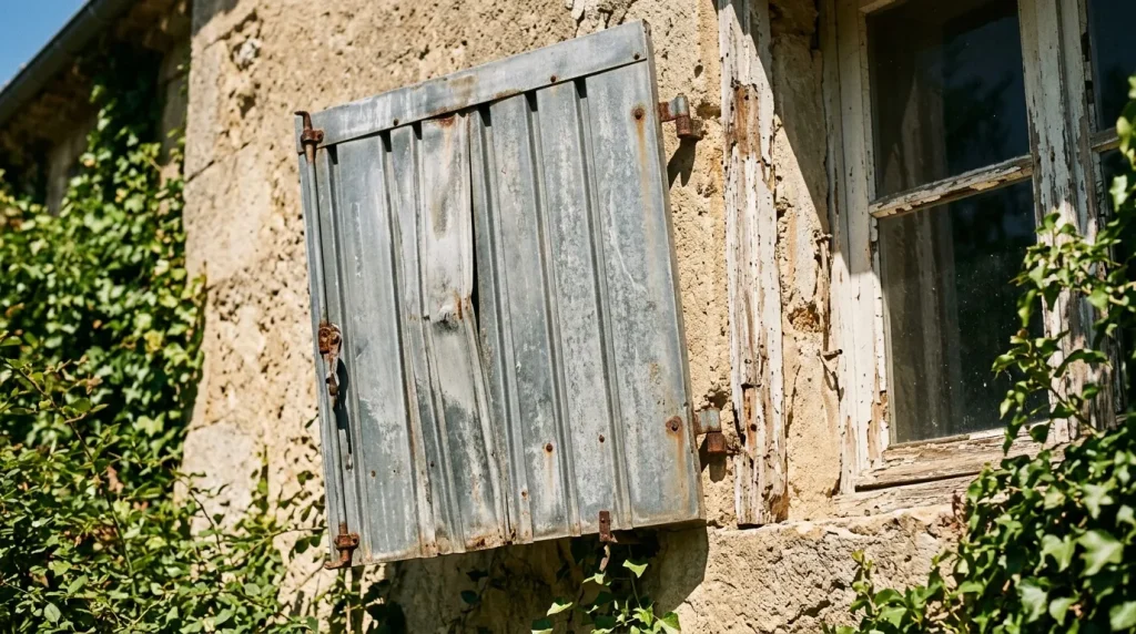 Vieux volets métalliques rouillés sur façade de pierre délabrée