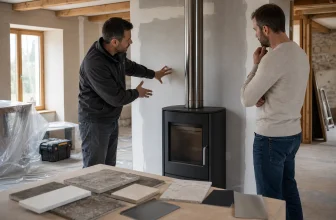 Un installateur conseille un propriétaire devant un poêle éteint et des échantillons de finition.