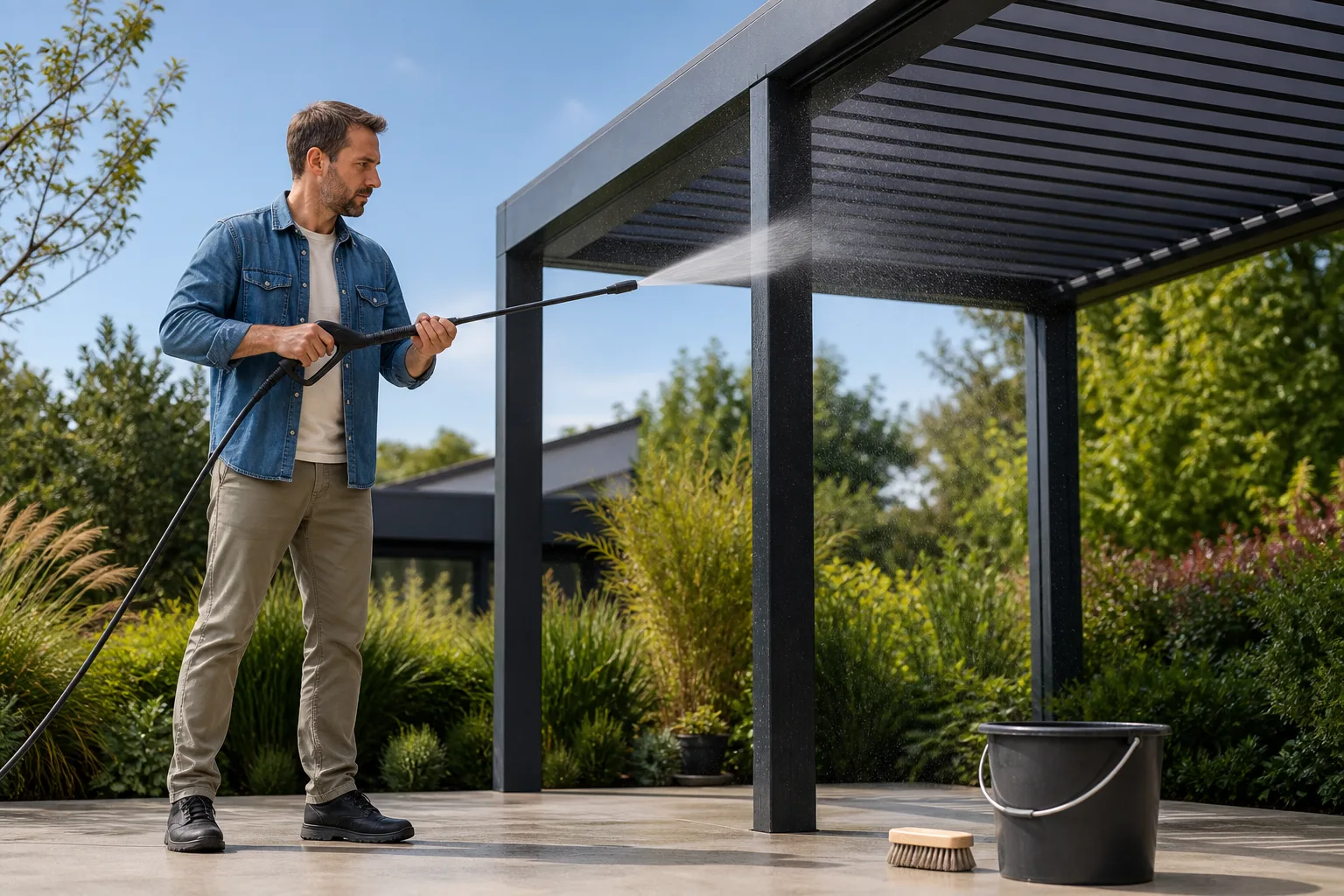 Un homme nettoie depuis le sol une pergola avec un jet large et contrôlé.
