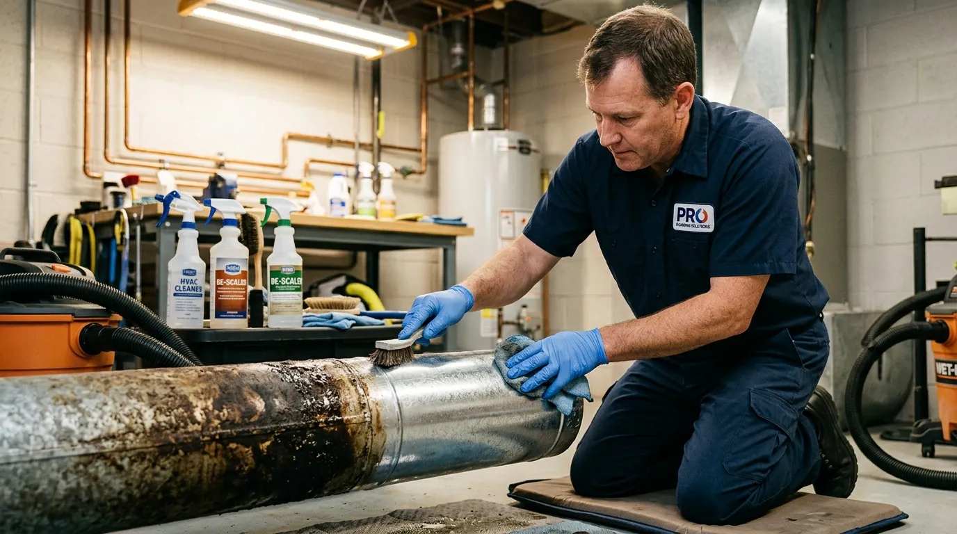 Technicien en bleu nettoie une tuyauterie métallique avec une brosse