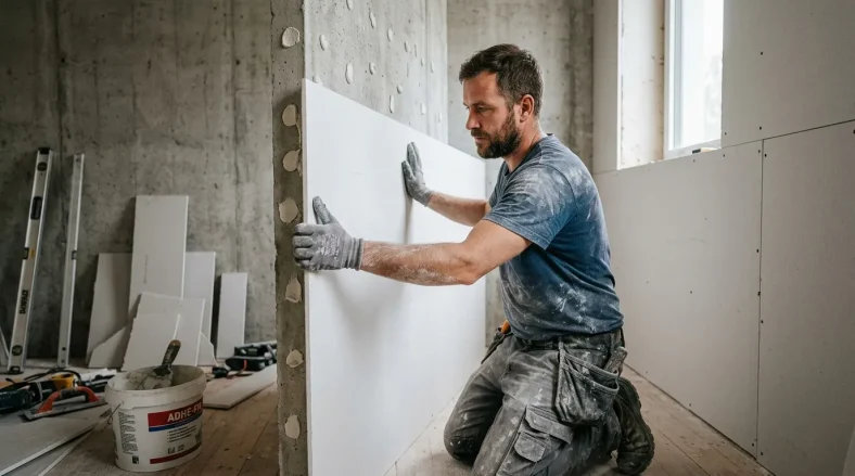 Travailleur en gants installe panneau blanc sur mur béton