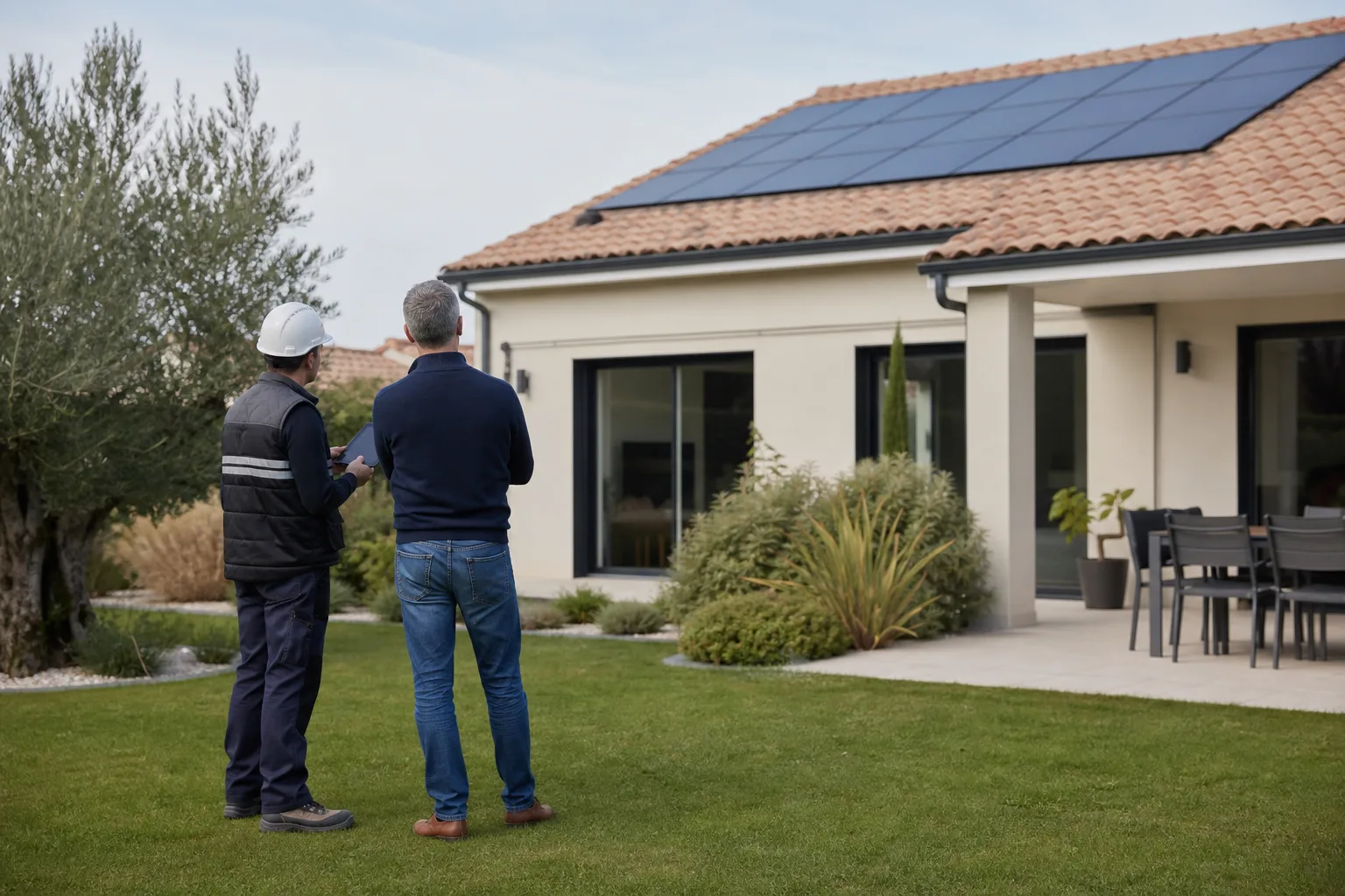 Un technicien et un propriétaire observent des panneaux photovoltaïques depuis le jardin.