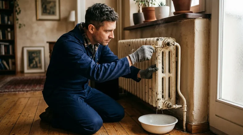Ouvrier en bleu répare un vieux radiateur coulant