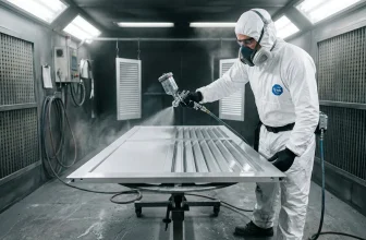 Ouvrier en combinaison blanche pulvérise de la peinture sur panneau métallique