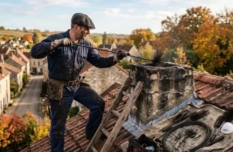 Ramoneur nettoyant cheminée sur toit de village automnal