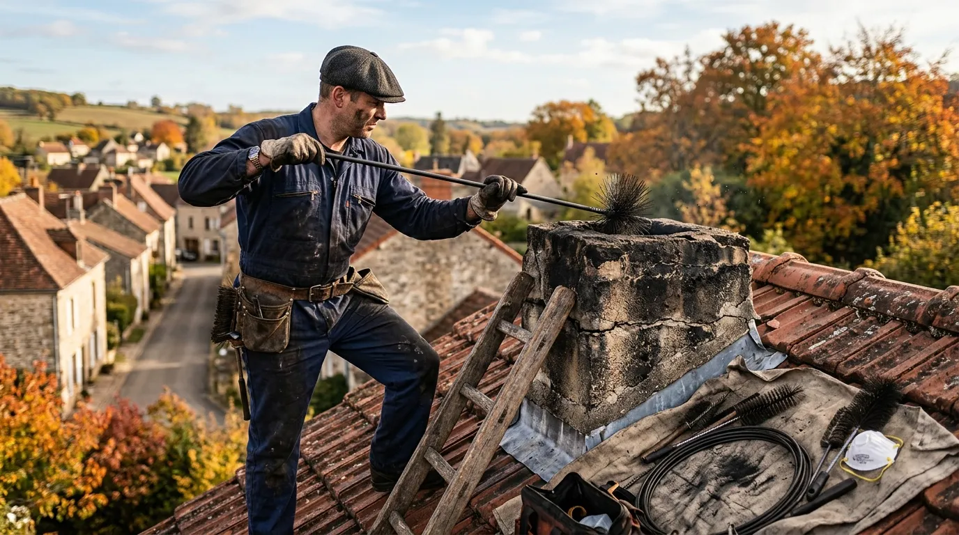 Ramoneur nettoyant cheminée sur toit de village automnal