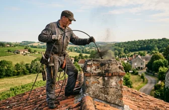 Ramoneur nettoyant une cheminée sur un toit de village