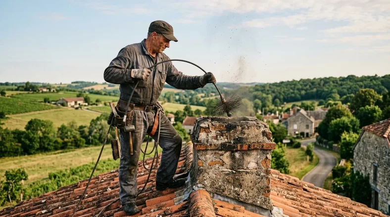 Ramoneur nettoyant une cheminée sur un toit de village