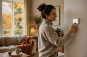 Une femme règle un thermostat sans affichage lisible dans un salon automnal.