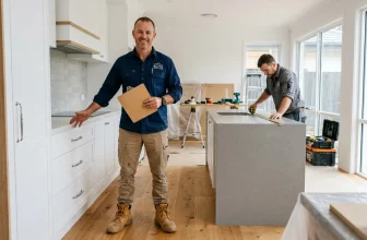 Deux ouvriers travaillent à la rénovation d'une cuisine moderne