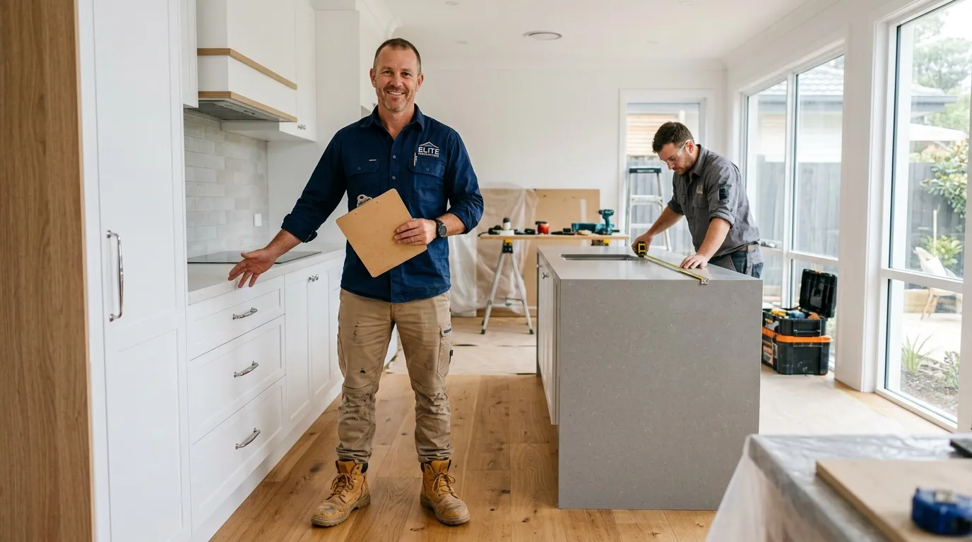 Deux ouvriers travaillent à la rénovation d'une cuisine moderne