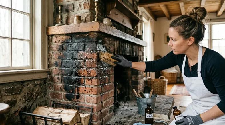 Femme nettoie une cheminée en brique avec des produits spécialisés