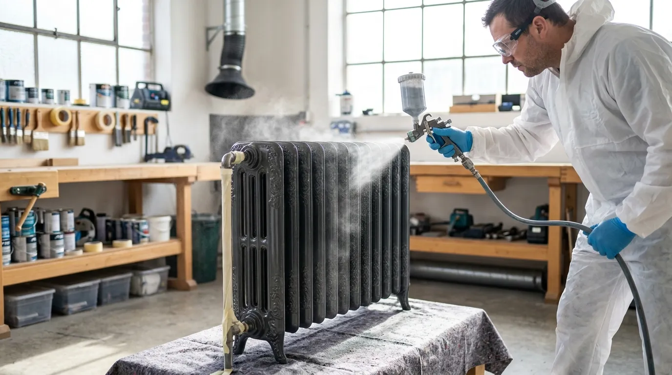Artisan peint un vieux radiateur dans son atelier