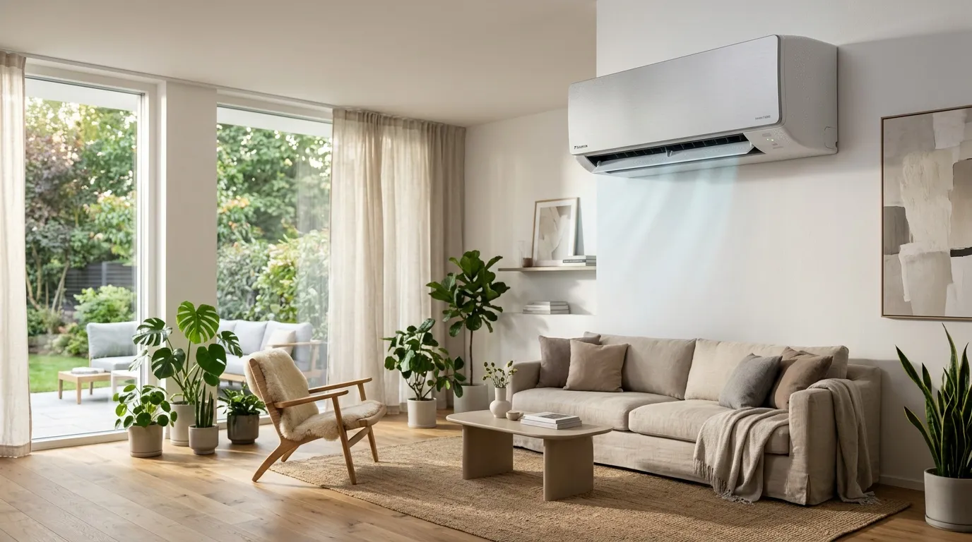 Salon lumineux avec canapé beige, plantes vertes et climatiseur mural
