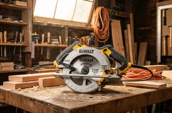 Scie circulaire DeWalt sur établi dans un atelier de menuiserie