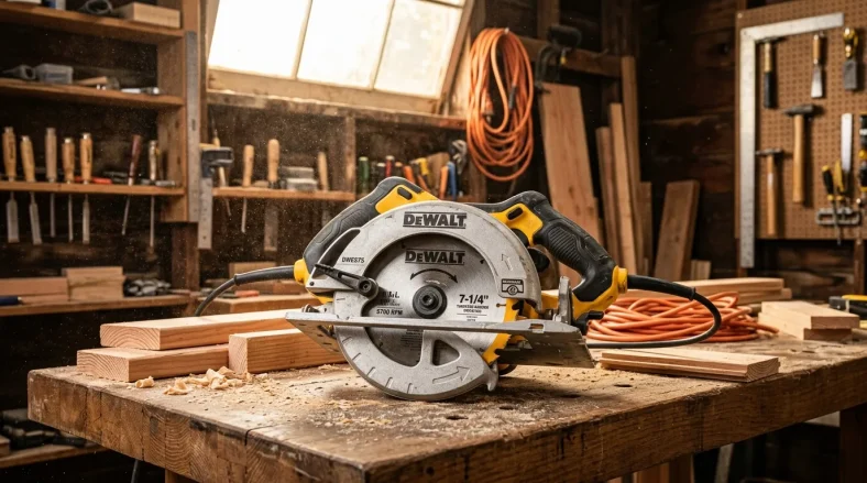 Scie circulaire DeWalt sur établi dans un atelier de menuiserie