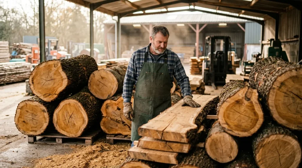 Ouvrier inspectant des planches de bois en scierie