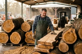 Ouvrier inspectant des planches de bois en scierie