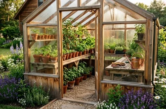 Serre en bois abritant des plantes en pots et outils de jardinage