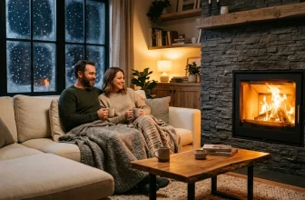 Couple relaxant sur canapé devant cheminée enneigée