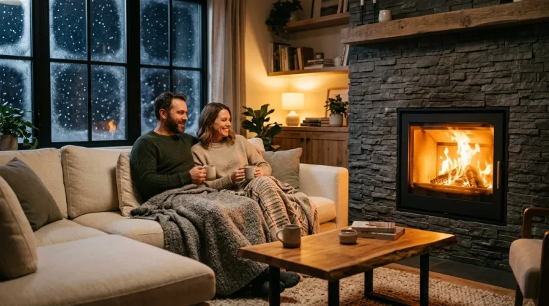 Couple relaxant sur canapé devant cheminée enneigée