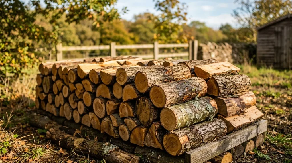 Pile de bois coupé dans une cour rurale