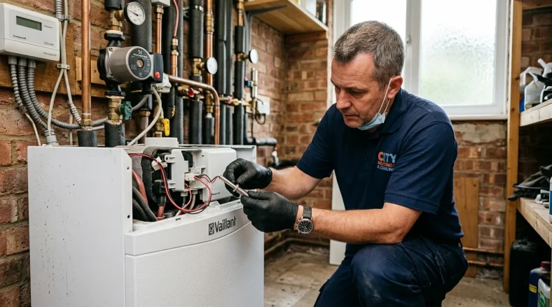 Technicien en bleu répare une chaudière Vaillant dans un sous-sol