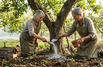 Deux agriculteurs chaulant un tronc d'arbre fruitier