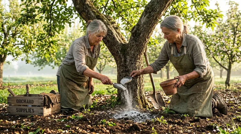 Deux agriculteurs chaulant un tronc d'arbre fruitier