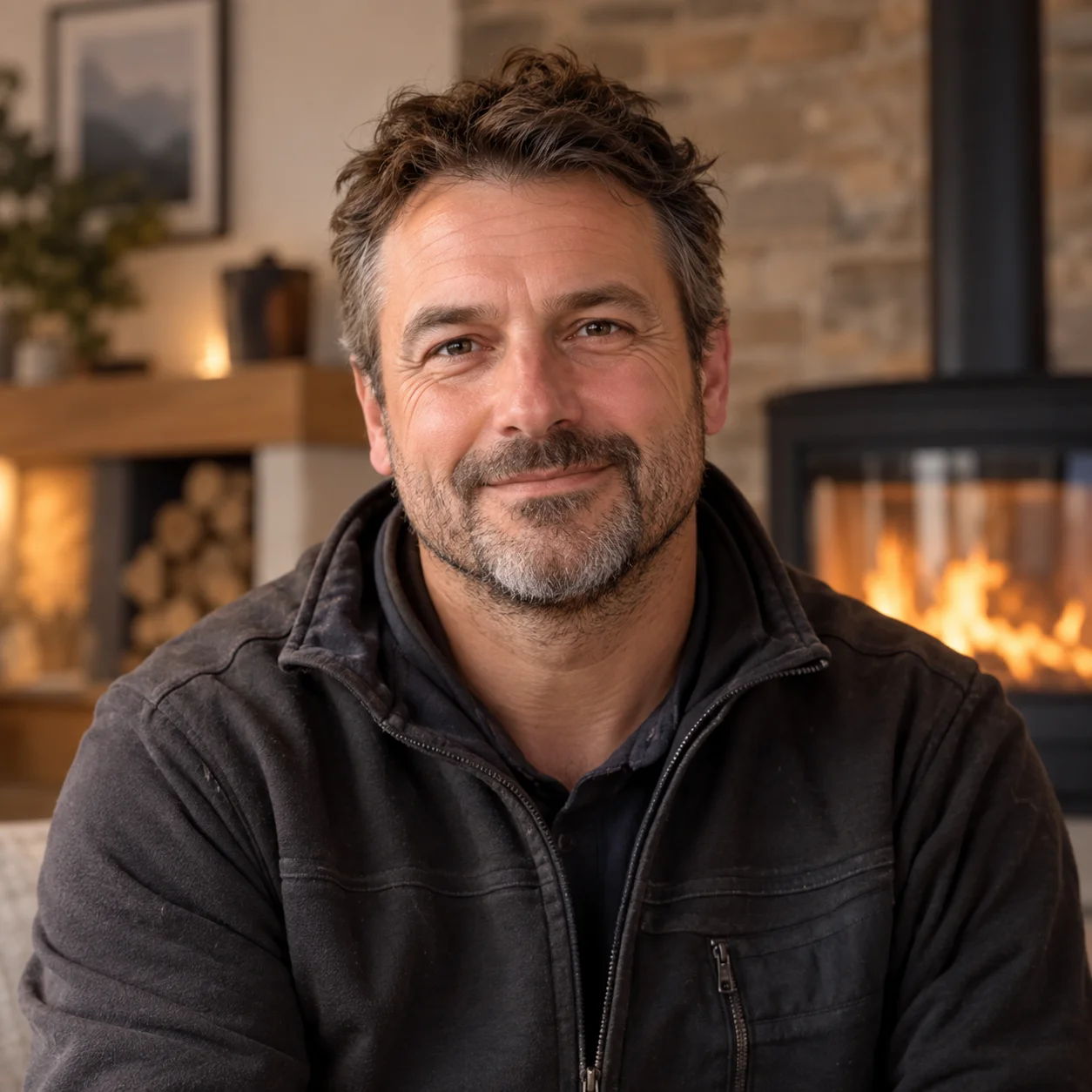 Portrait éditorial de Laurent devant une cheminée